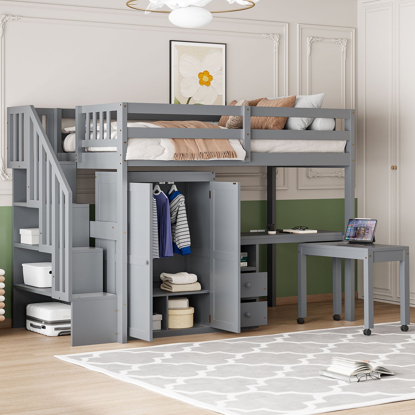 Loft Bed With Stairs, Bookshelf, Drawers, Desk & Wardrobe, Space Saving Multifunctional Furniture