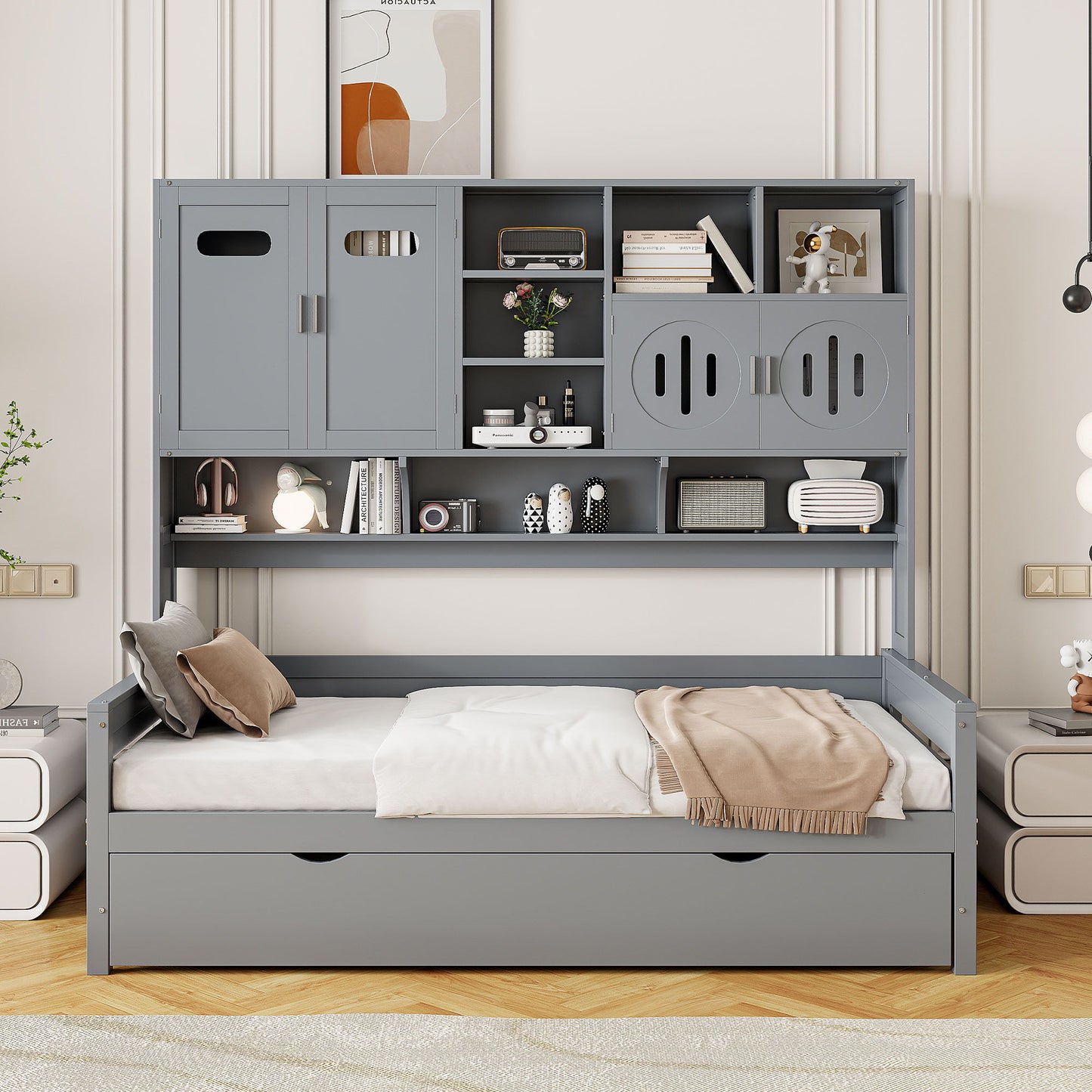 Daybed With All-In-One Cabinet And Shelf