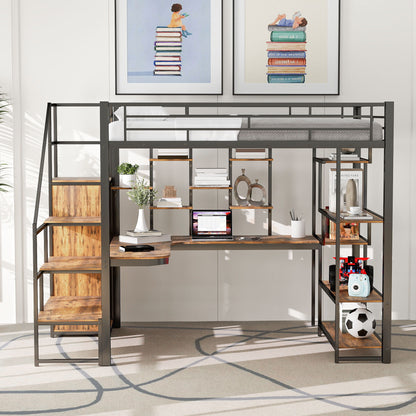 Loft Bed With Storage Staircase And Small Wardrobe, Built - In Desk And Storage Shelves