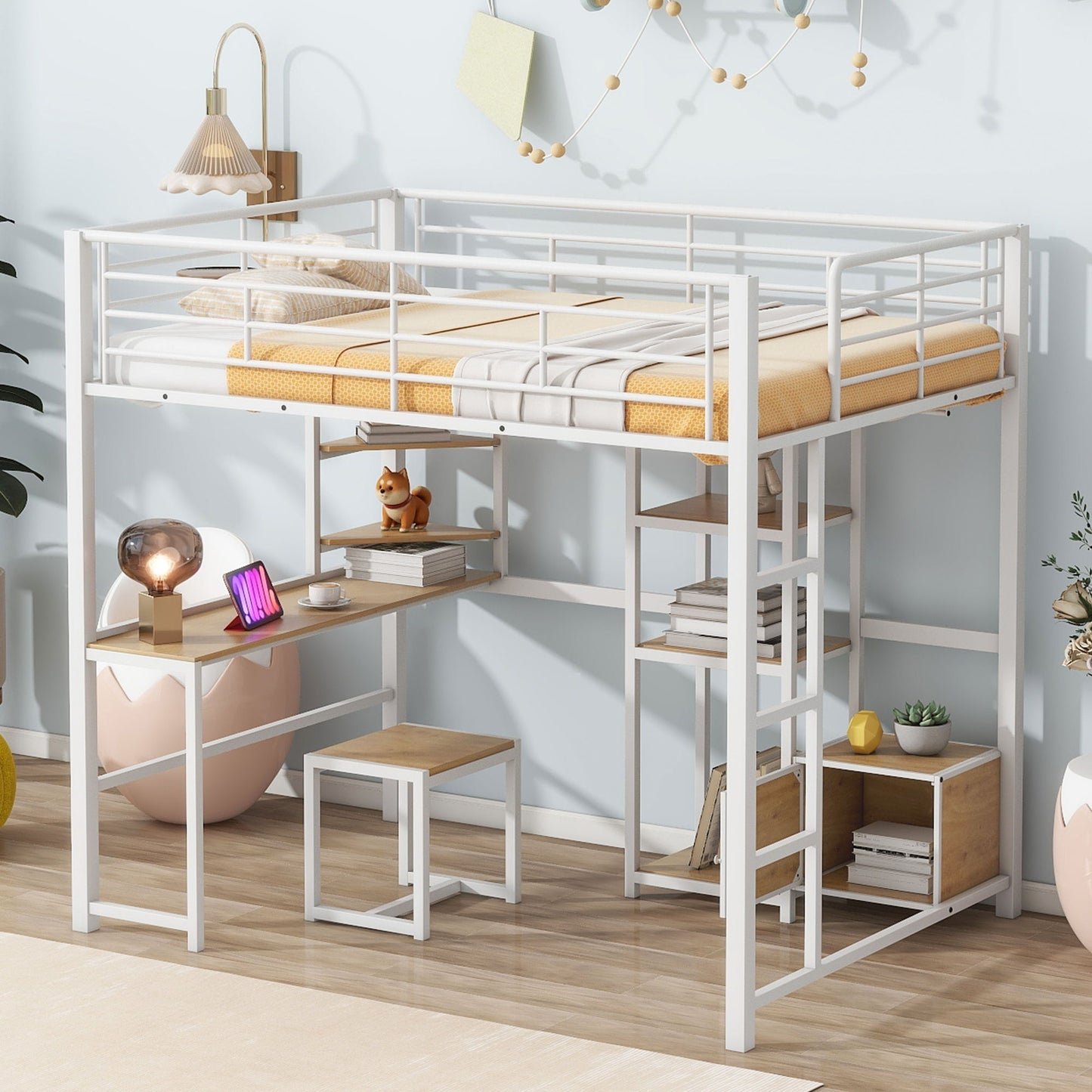 Full Size Loft Bed With Desk And Stool, With Open Style Wardrobe, Shelves And Cabinet - White