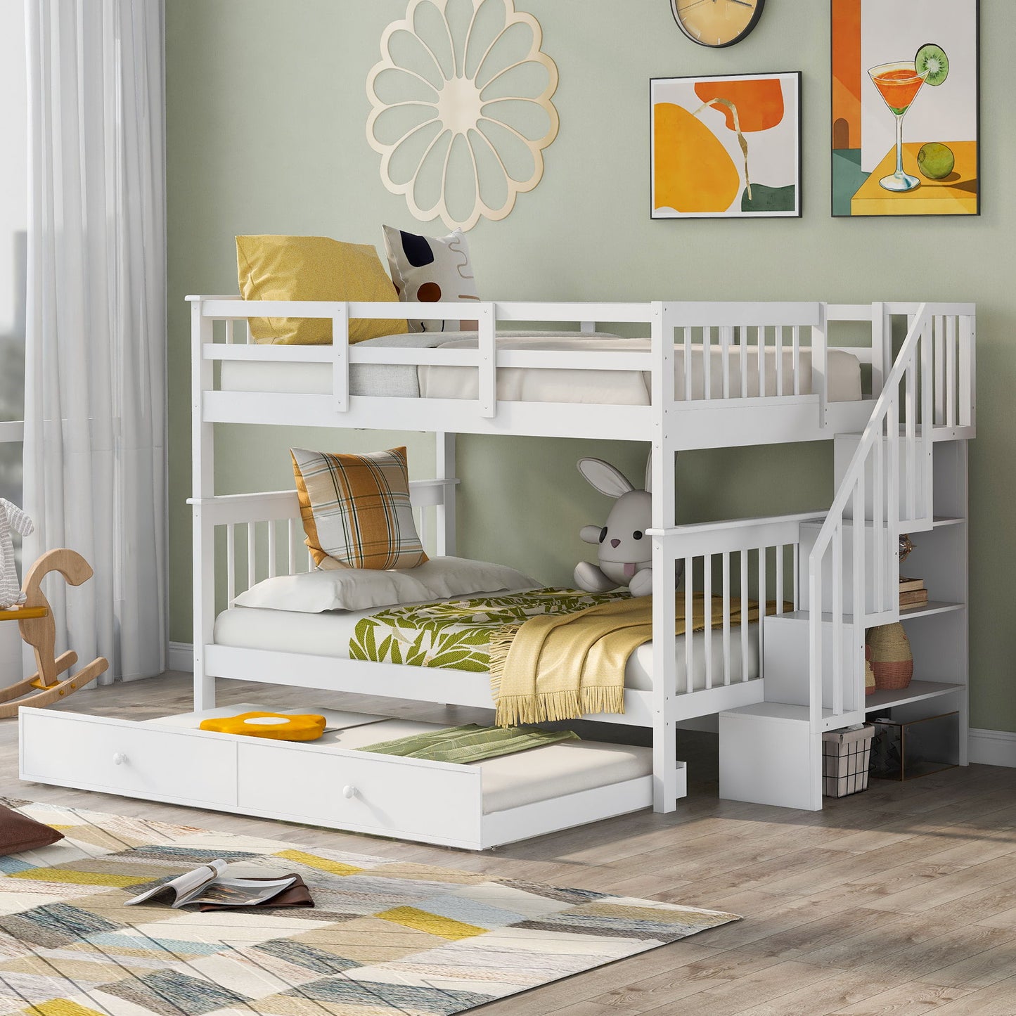 Stairway Bunk Bed With Storage And Guard Rail For Bedroom