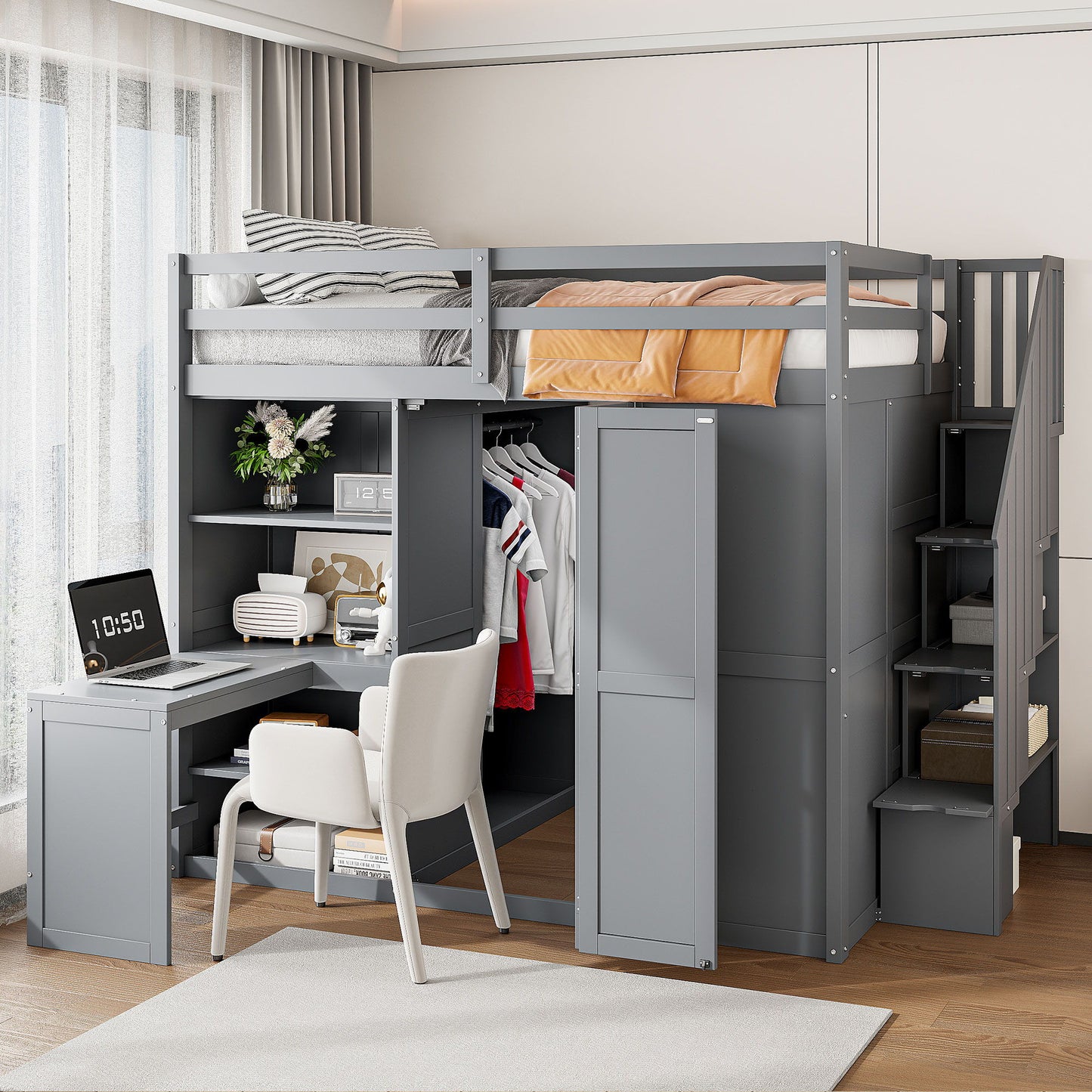 Loft Bed With Wardrobe, Desk And Shelves