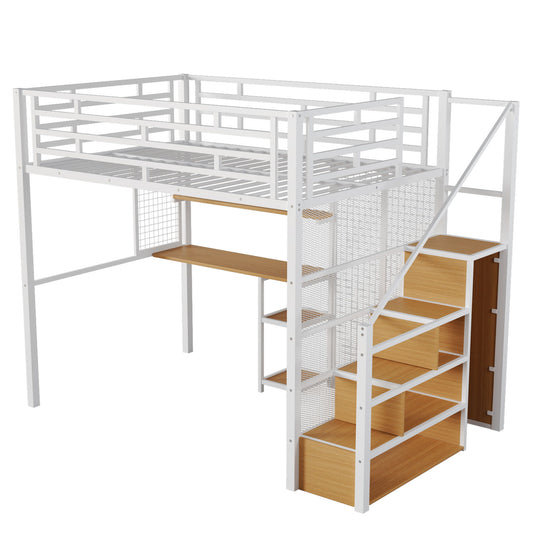 Metal Loft Bed With Wardrobe, Desk, Storage Shelves