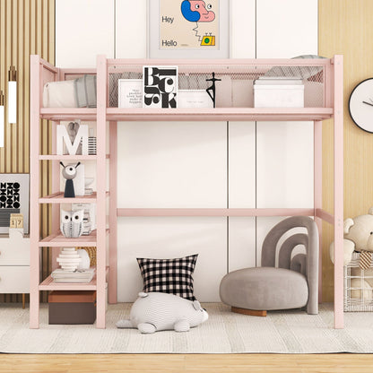 Loft Bed With 4 Tier Shelves And Storage