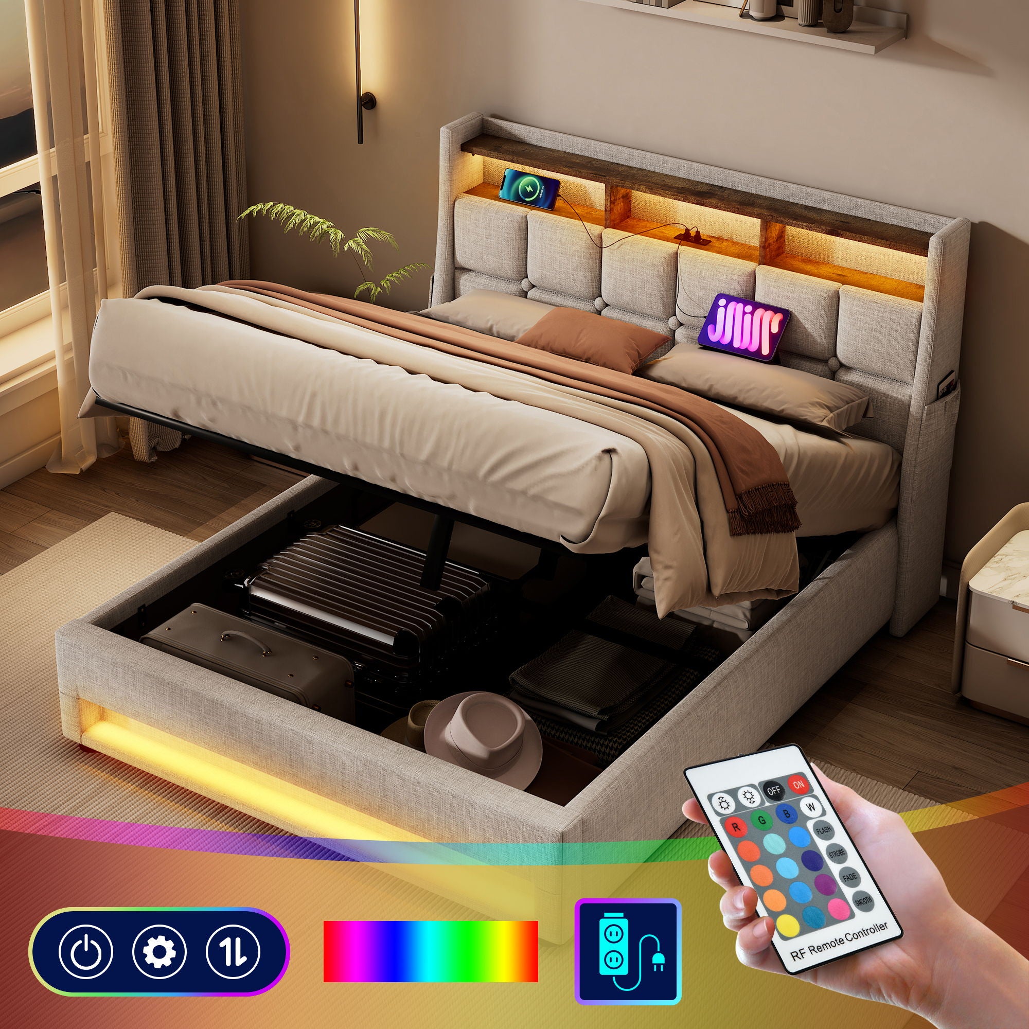 Upholstered Platform Bed With Hydraulic Storage System, LED And USB Charging - Thumbnail 3