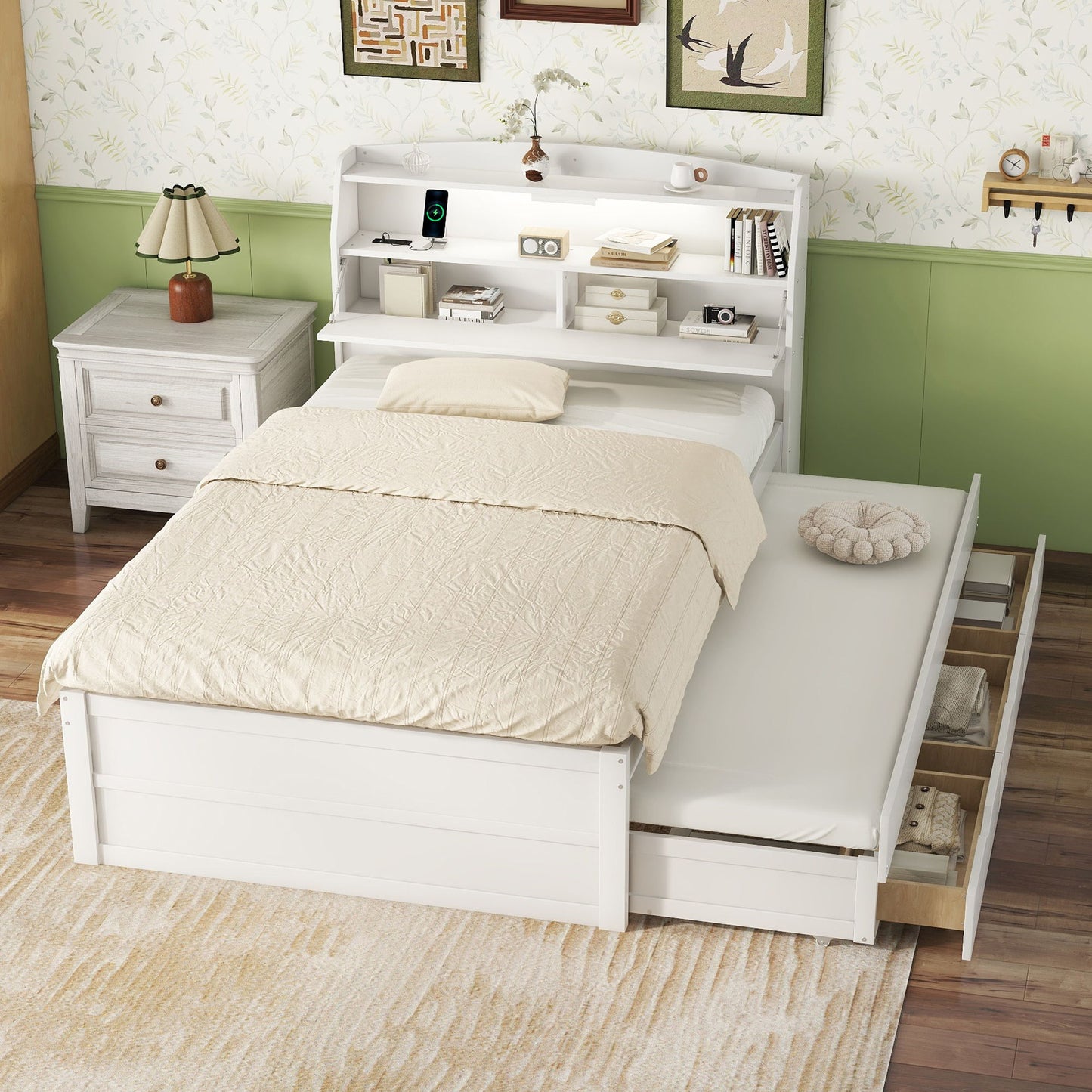 LED Platform Bed With Trundle With Storage Headboard With Drawers