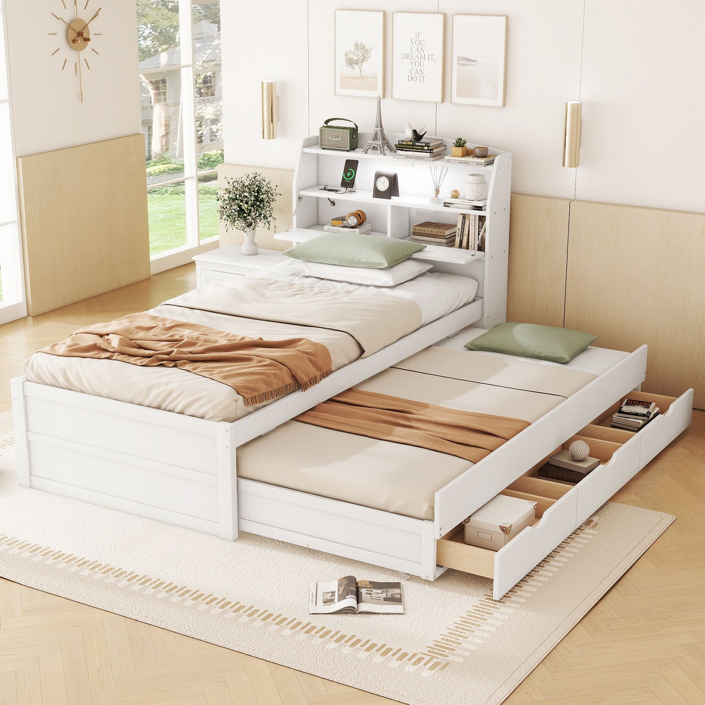 LED Platform Bed With Trundle With Storage Headboard With Drawers