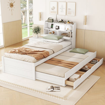 LED Platform Bed With Trundle With Storage Headboard With Drawers