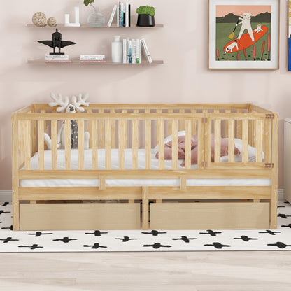 Daybed With Fence Guardrails And 2 Drawers, Split Into Independent Floor Bed & Daybed