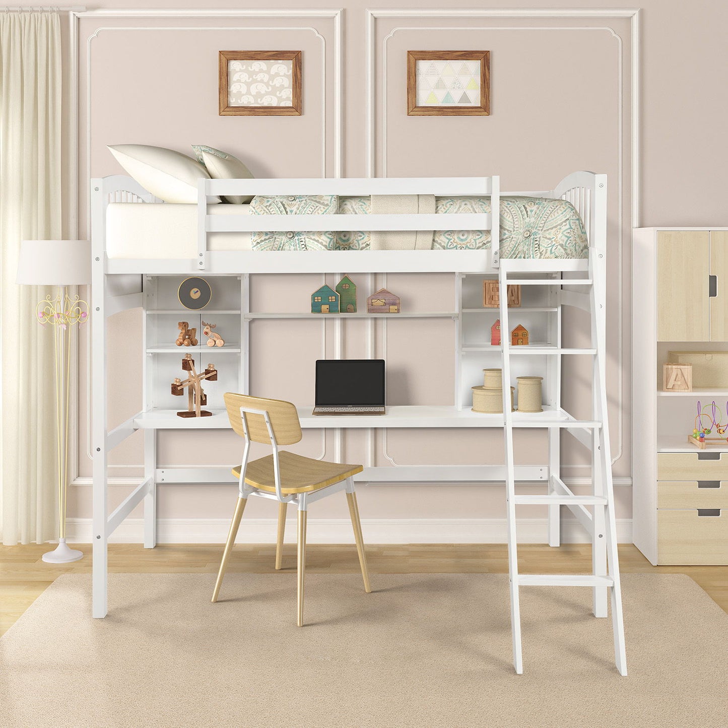 Loft Bed With Storage Shelves, Desk And Ladder