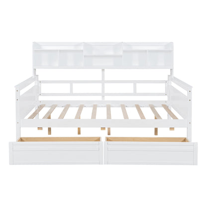 Daybed, Wood Slat Support, With Bedside Shelves And Two Drawers